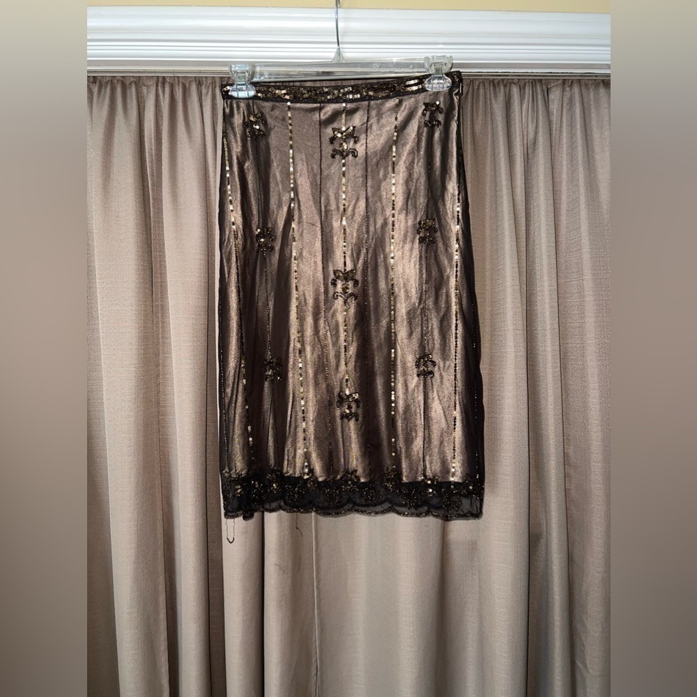 Gorgeous Gatsby style lace and satin tan gold slip skirt w/ sequin overlay. Y2K - Picture 4 of 16